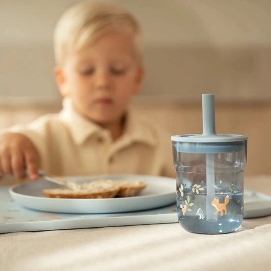 Little Dutch Kinder Trinkglas blau Mio 250ml mit Trinkhalm Mepal Forest Friends