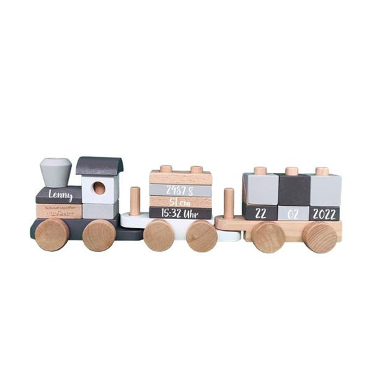 Holz Zug Special-Edition grau/weiß /natur, zur Geburt bedruckt | Little Dutch