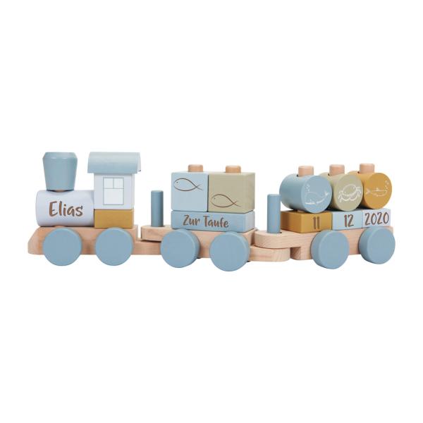 Holz-Zug blau, zur Taufe gelasert | Little Dutch
