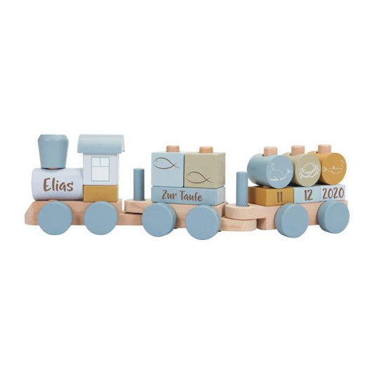 Holz-Zug blau, zur Taufe gelasert | Little Dutch