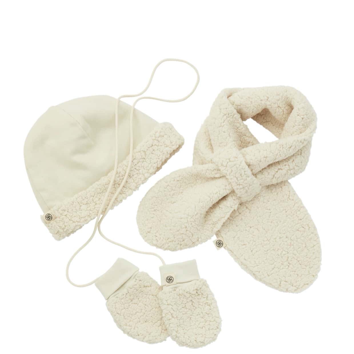 Cloby Teddyfell Set aus Mütze, Schal und Fäustlinge weiß 6-12 Monate