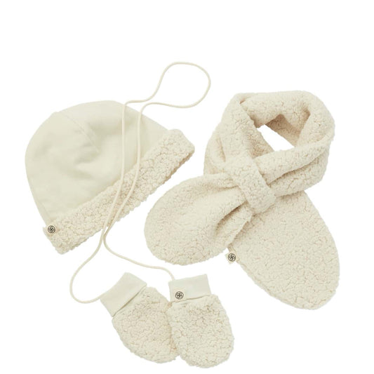 Cloby Teddyfell Set aus Mütze, Schal und Fäustlinge weiß 6-12 Monate