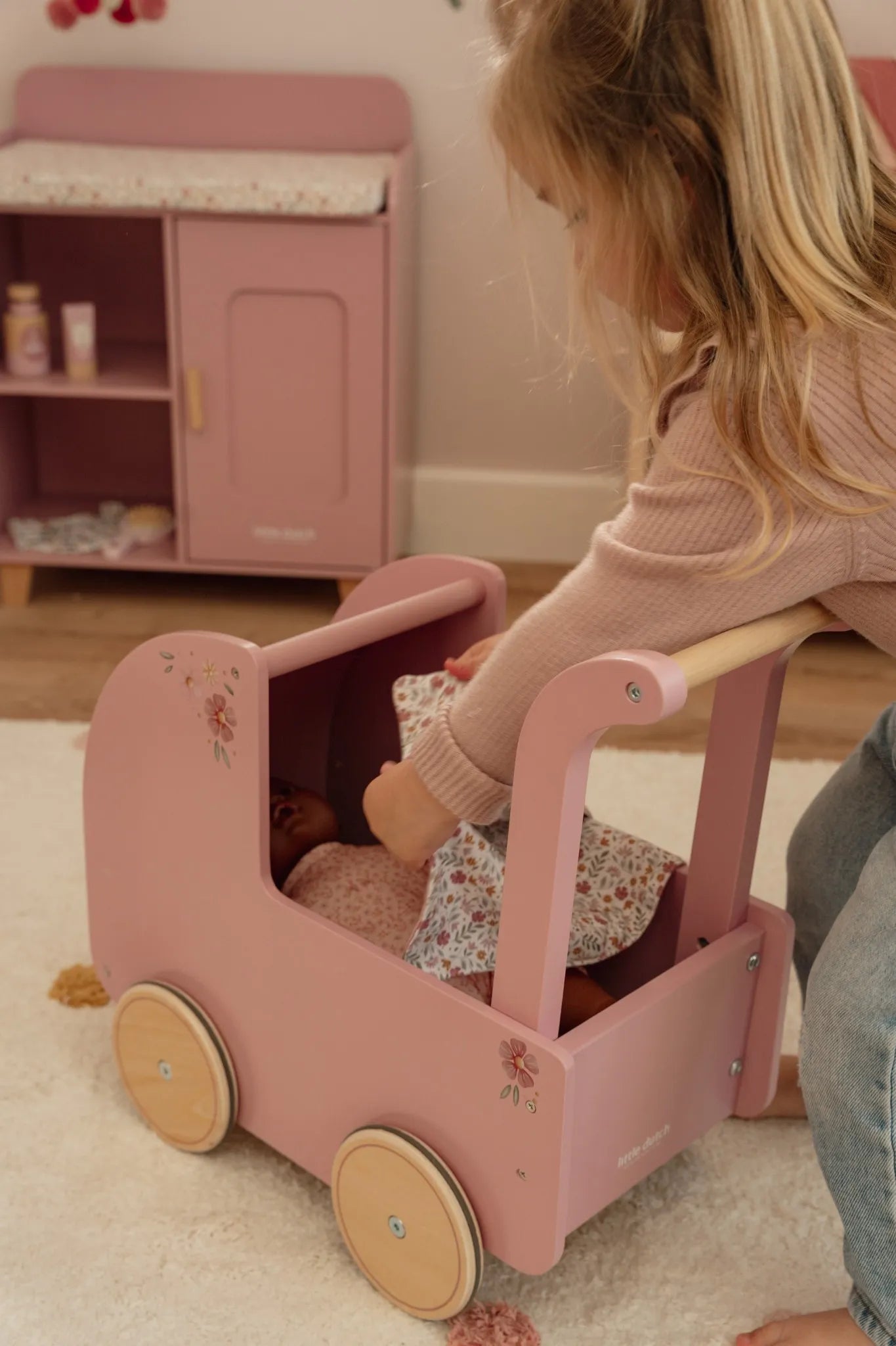 Little Dutch Puppenwagen Rosa Holz mit Textilien Soft Flowers